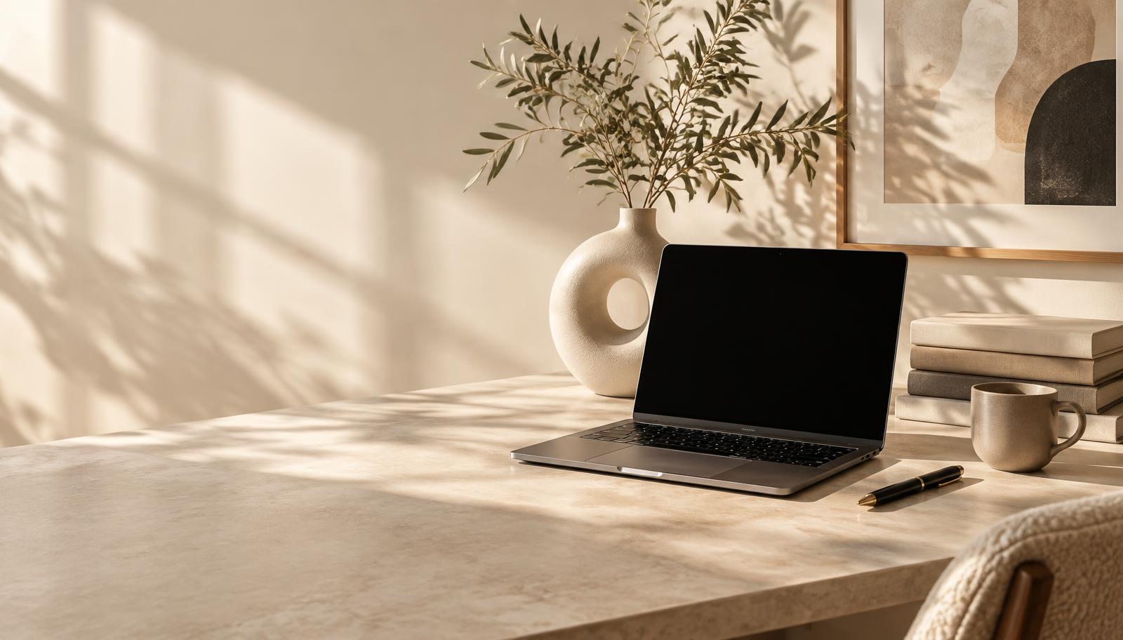 Neutral desk workspace with plants and a ceramic mug